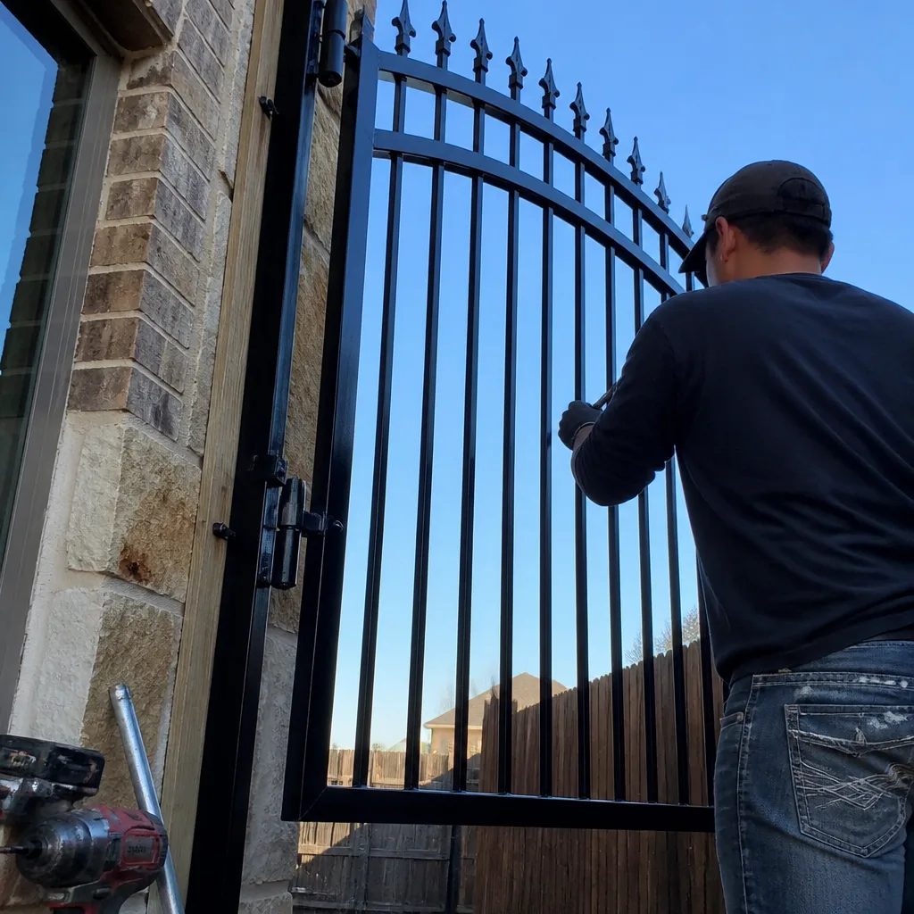 Professional contractor installing a custom black metal security gate