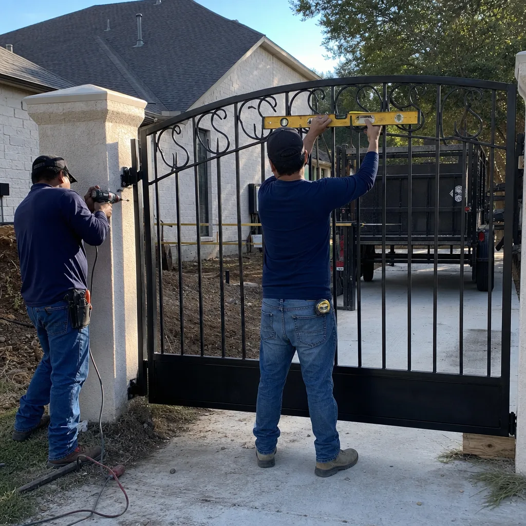 Two technicians installing a professional wrought iron driveway gate