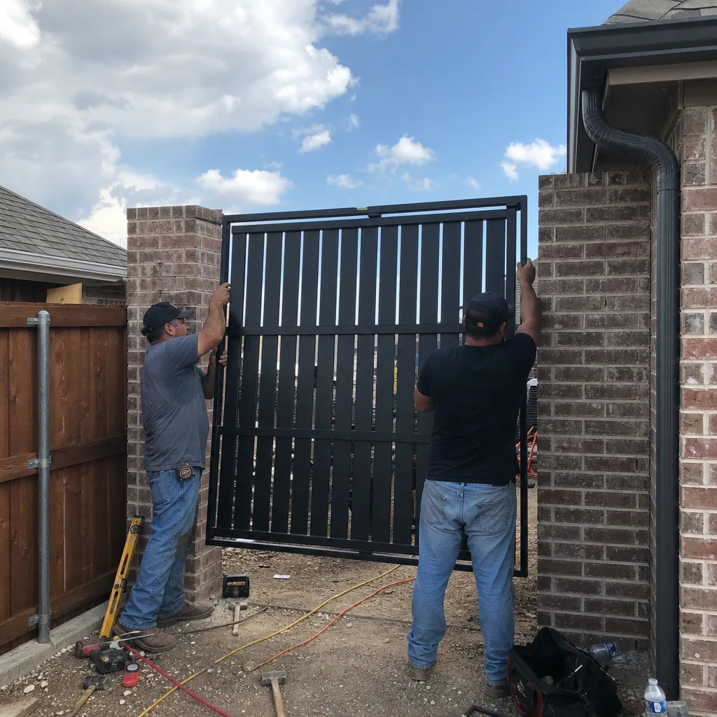 Two professional workers installing a black metal gate between brick columns